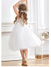 Ivory Beaded Lace Appliques Tulle Tea Length Flower Girl Dress